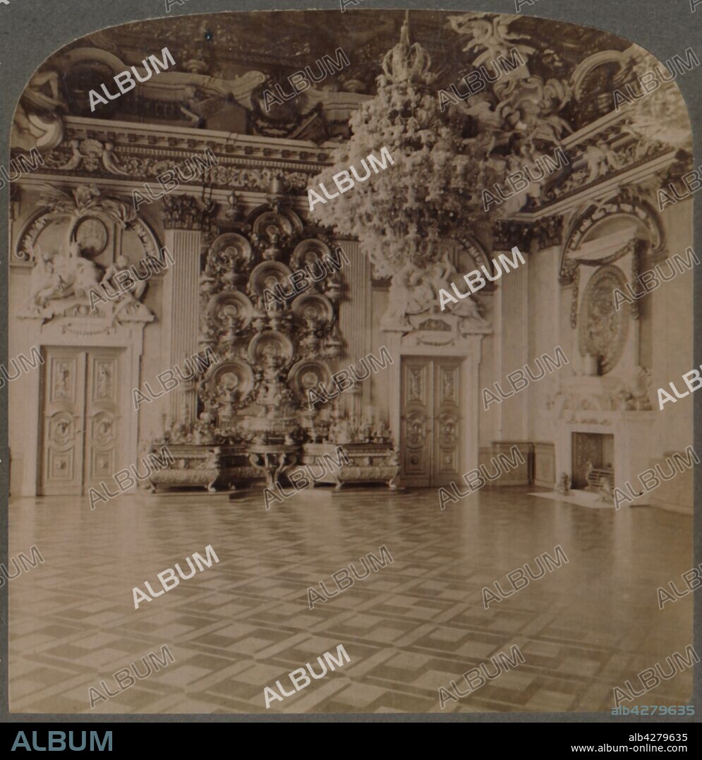 'Throne Room, Royal Palace, Berlin, with-plate-laden sideboard and regal decorations, Germany', 1903. Baroque interior at Berlin City Palace which was originally built in the 15th century. Stereocard by Underwood & Underwood.