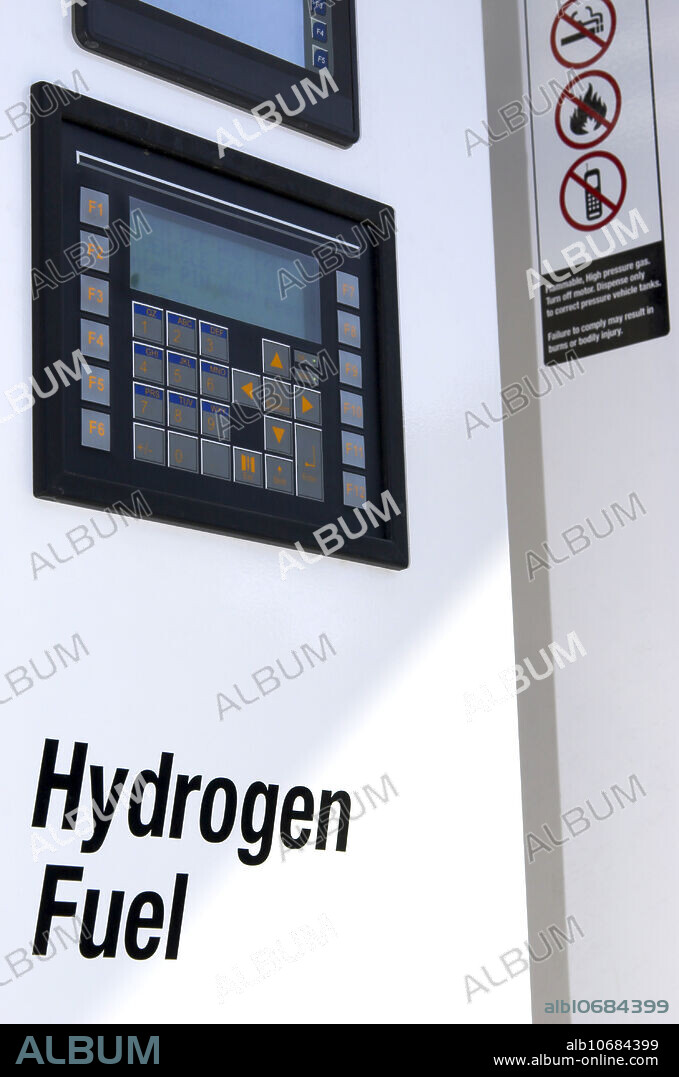 On Feb 27, 2007 a hydrogen fueling station opened on UC Irvine campus in Southern California. The station was built by Air Products and Chemicals, Inc., one of the largest hydrogen producers in the US. This is the first station in California that is capable of dispensing gaseous hydrogen at 700 bar. The station holds up to 25 kg of hydrogen, enough to fill 5 to 10 vehicles a day. Experimental vehicles from several manufacturers are expected to use this station. At the time of this station opening there are 23 hydrogen stations in California and less than 200 hydrogen-powered vehicles. Shown here is a close-up of the pump control panel. Photo Aug 2007.