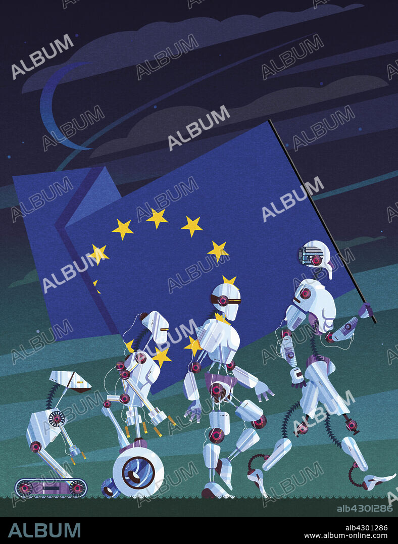 Evolution of robots carrying European Union flag.