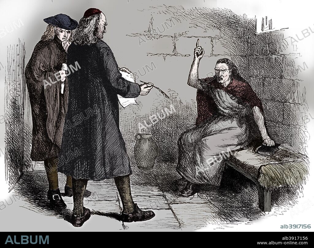 Martha Corey and her prosecutors, Salem, Massachusetts, c1692 (c1880). Martha Corey (c1627-1692) was one of the accused at the notorious Salem Witch Trials of 1692. Found guilty, she was executed by hanging. Her husband, Giles, who defended Martha against the allegations, was also put to death. A print from Cassell's History of the United States, by Edmund Ollier, Volume I, Cassell Petter and Galpin, London, c1880. (Colorised black and white print).