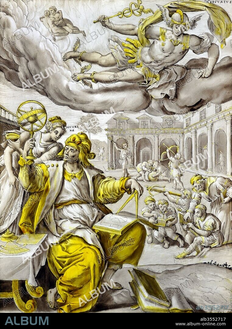 Vidriera. "Alegoría de Mercurio y la infancia de los niños del "ciclo de los planetas y edad del hombre". Dibujantes flamencos Adriaen Collaert (1560-1618) y Marten de Vos (1532-1603) Museo Schnutgen. Colonia, Alemania.