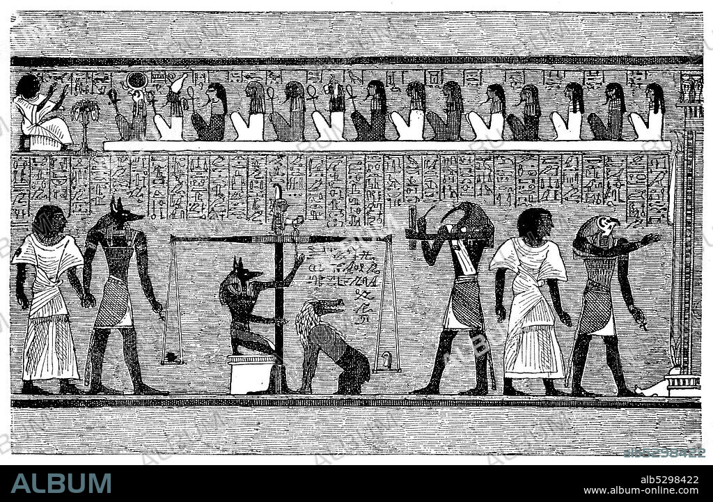 Judgment of the Dead and the scales of justice, vignette of the Egyptian Book of the Dead, Egypt  /  Totengericht und die Waage der Gerechtigkeit, Vignette des ägyptischen Totenbuches, Ägypten, Historisch, historical, digital improved reproduction of an original from the 19th century / digitale Reproduktion einer Originalvorlage aus dem 19. Jahrhundert,.