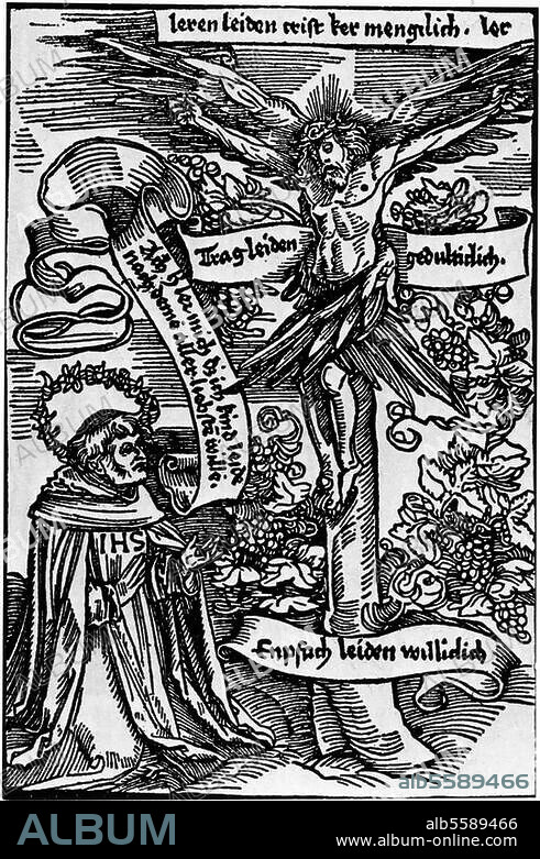 ANONYM. Seuse, lat. Suso, Heinrich Mystiker, 1295 (?) - 1366. Seuse vor dem gekreuzigten Christus. Holzschnitt aus einer Ausgabe der. "Deutschen Schriften" von Seuse, Augsburg 1512.