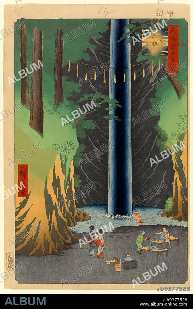 Fudo Falls, Oji, No. 49 from One Hundred Famous Views of Edo, Utagawa Hiroshige, Ando, Japanese, 1797-1858, Woodblock print, Japan, 9th month of 1857, Edo Period, Ansei Era, Sheet: 14 1/4 x 9 5/16 in., 36.2 x 23.7 cm, 19th Century, 9th month of 1857, budhism, calmness, Edo, Edo Period, Ansei Era, fauna, flora, harmony, Hiroshige, japanese, landscape, meditative, minimal, nature, shinto, summer, Tokyo, Utagawa, water, waterfall, woodblock, Woodblock print.
