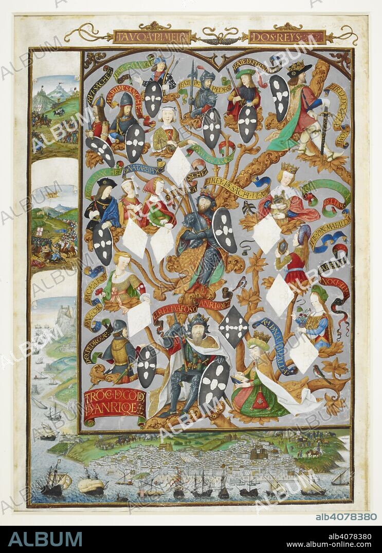ANTONIO DE HOLANDA. Genealogical tree of the Kings of Portugal from Alfonso Anriquez to Alfonso II. Lower margin: The cities of Lisbon and Santarem on the Tagus; left margin: Alfonso of Portugal defeats Alfonso Raymond of Castile and his vision before the battle. The Portuguese Genealogy / Genealogia dos Reis de Portugal. 1530-1534. Source: Add. 12531 f.7. Language: Portuguese.