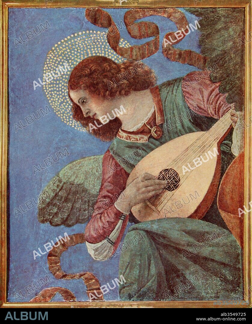 Musician Angel, after the fresco paintings of the Basilica dei Santi Apostoli, Pinacoteca of the Vatican Museums, Vatican City, Rome, Italy by Melozzo da Forli. From Roma Sacra, published 1925.