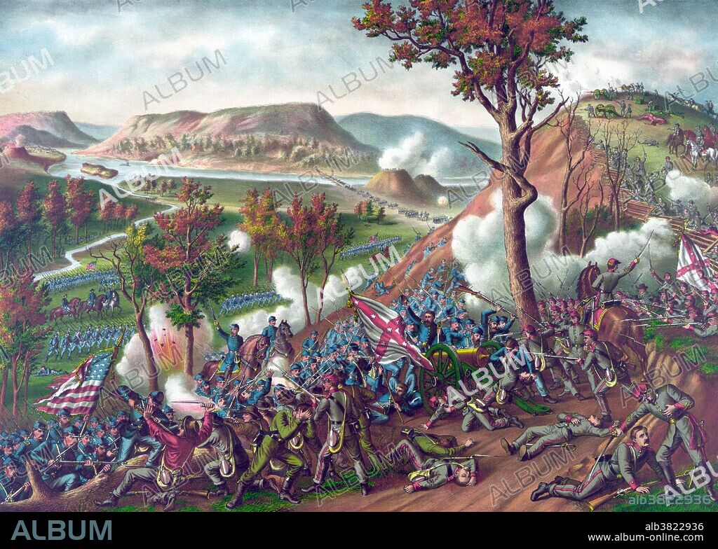 The Battle of Missionary Ridge was fought November 25, 1863, as part of the Chattanooga Campaign of the American Civil War. Following the Union victory in the Battle of Lookout Mountain on November 24, Union forces under General Grant assaulted Missionary Ridge and defeated the Confederate Army of Tennessee, commanded by General Bragg. Grant ordered the Army of the Cumberland, commanded by General Thomas, to move forward and seize the Confederate line of rifle pits on the valley floor, and stop there to await further orders. The Union soldiers moved forward and quickly pushed the Confederates from the first line of rifle pits but were then subjected to a punishing fire from the Confederate lines up the ridge. The second advance was taken up by the commanders, but also by some of the soldiers who sought shelter from the fire further up the slope. The Union advance was disorganized but effective; finally overwhelming and scattering what ought to have been, as General Grant himself believed, an impregnable Confederate line. In combination with an advance from the southern end of the ridge by divisions under General Hooker, the Union Army routed Bragg's army, which retreated to Dalton, Georgia, ending the siege of Union forces in Chattanooga, Tennessee. Lithograph by Kurz & Allison, 1886.