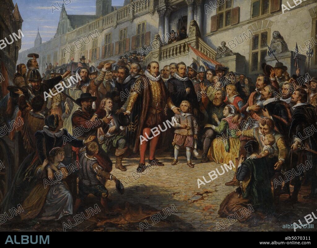 painting, Pieter Allardus Haaxman, c. mid 19th century, Signature front, bottom right: PA Haaxman, canvas, oil paint, painted, Inside dimensions: 70 × 95cm 700 × 950mm, With frame: 90 × 112 × 8cm 900 × 1120 × 80mm, history piece, soldier, woman, cityscape, man, town hall, mayor, child, History piece depicting Willem van Oranje and mayor Van der Werf, the day after the relief of Leiden. Both men are depicted in the center of the painting. On the left is Prince William, with a hat in his right hand and his left hand protruding in front of him. To his right is Mayor Van der Werf, holding his right arm to the chest. A boy stands in front of both men. A large crowd of people kneels around them and stands on the Breestraat: civilians, but also soldiers. The soldiers can be recognized by their long stick weapons and their flags. In the background the platform of the town hall on Breestraat can be seen. Signed bottom right. The painting is in a gilded wooden frame, 2006.