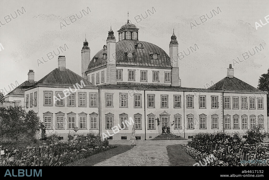 Dinamarca. Palacio de Fredensborg. Edificio barroco construido en el siglo XVIII en las afueras de Copenhague. Grabado. La Ilustración Española y Americana, 1898.