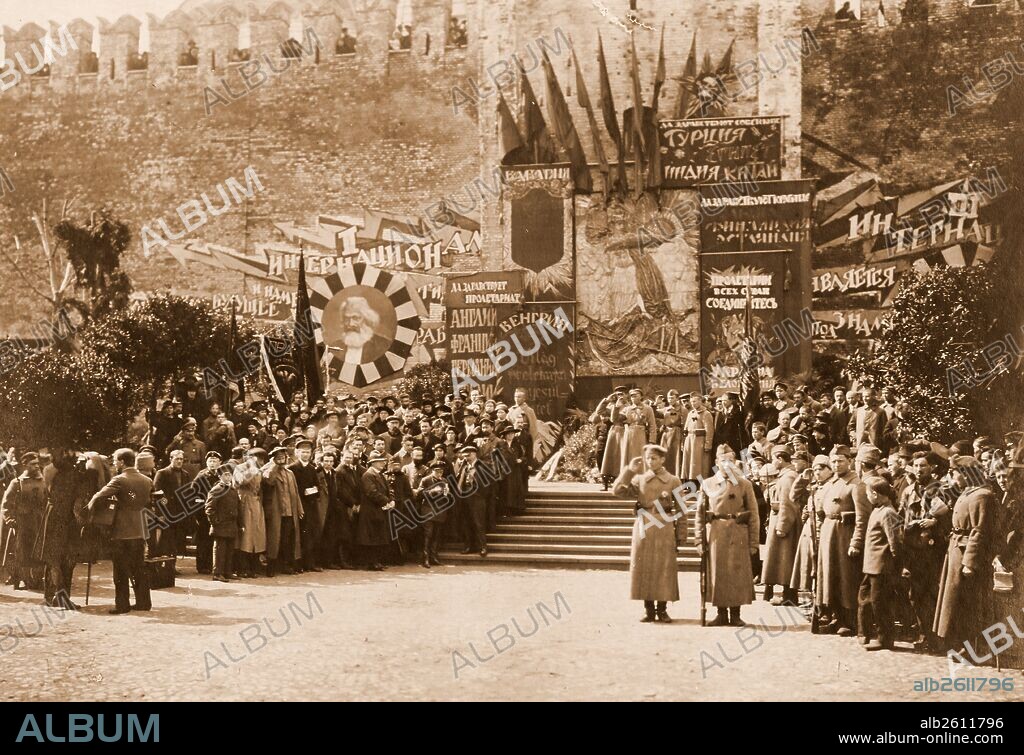 Lenin with comrades at a May Day rally in Red Square, May 1919, Moscow Russia, History of the Russian Revolution.