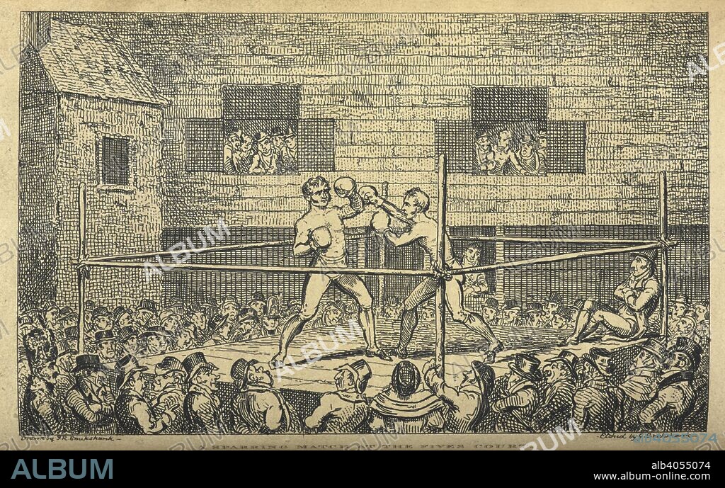 PIERCE EGAN, GEORGE CRUIKSHANK and I. R CRUIKSHANK. 'A sparring match at the Fives court'. A boxing match. Boxiana; or, Sketches of Antient and Modern Pugilism. London, 1818-24. Source: 2270.e.8 volume 1, page 49.