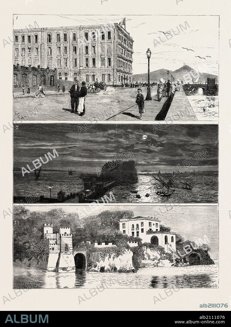 THE EX KHEDIVE OF EGYPT AT NAPLES, ITALY, ENGRAVING 1879, 1, Royal Hotel des Etrangers, Temporary Residence of Ismail Pasha and his Sons. 2. The Bay of Naples, from Ismail Pasha's Apartments.-3. The Villa Maraval Roccabella, Residence of the Ladies of the Ex-Khedive's Family.
