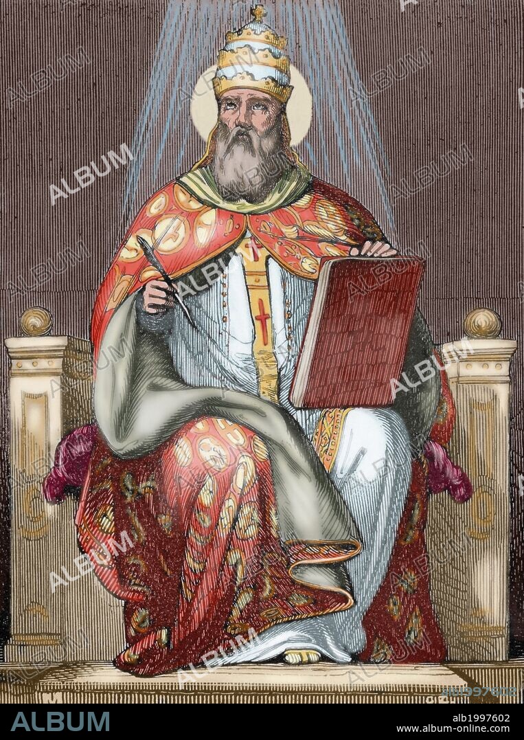 Saint Damasus I, (304-384). Roman pope (366-384). Engraving by Capuz. Colored.