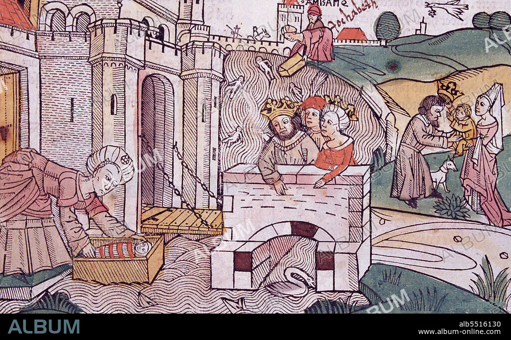 MOISES. LIBERADOR DE ISRAEL. " SALVAMENTO DE MOISES " ILUSTRACION DE LA BIBLIA DE NUREMBERG. ALEMANIA 1483.