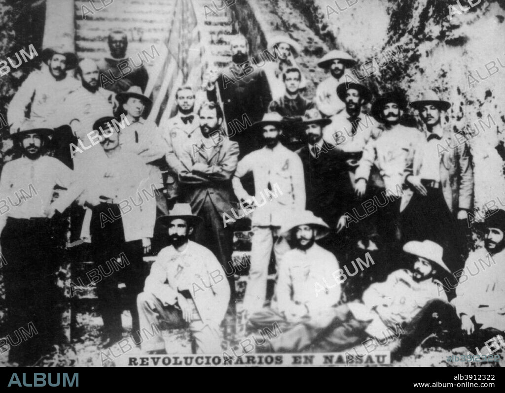 Cuban revolutionaries in Nassau, December 1895, waiting to come out of Cuba in an expedition;  Eduardo Yero, Pedro Batancourt, Cosme de la Torriente, Martin Marrero, Guarino Landa, Gerardo Domenech, Franklin Argilagos, Forcade and others. Cigar card from the History of Cuba, Geografico Universal, Propaganda de los Cigarros Susini y La Corona, Tabacalera Cubana.
