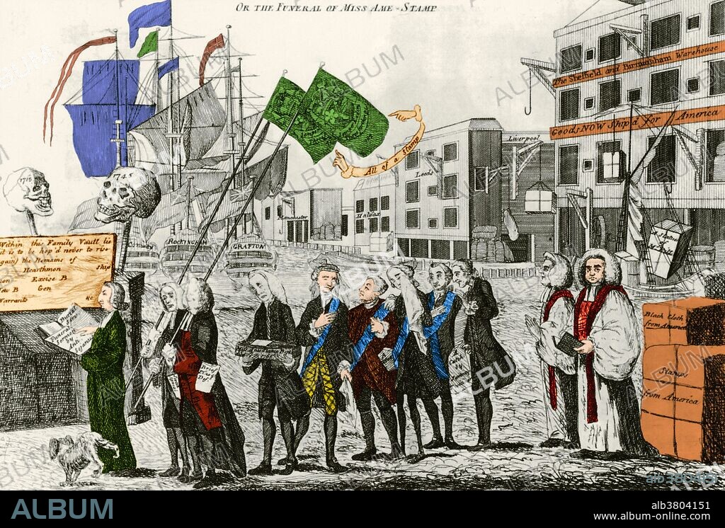 British cartoon titled "The Repeal, or the Funeral of Miss Ame-Stamp" a 1766 engraving. The cartoon shows a mock funeral along the Thames River for the Stamp Act. The child's coffin is marked "Miss Ame-Stamp born 1765, died 1766." The British Treasury Secretary George Grenville is carrying the coffin. The Stamp Act of 1765 was a direct tax imposed by the British Parliament on the colonies of British America.The first direct tax to be levied on the American colonies, it required that all newspapers, pamphlets, legal documents, commercial bills, advertisements, and other papers issued in the colonies bear a stamp. The American colonies were furious and refused to pay for the tax that the British put on them. The Americans in all 13 colonies protested strongly and the British retreated part way, but insisted on the right of Parliament to tax the colonies. The Americans rejected that as unconstitutional, declaring "No Taxation without Representation", and it was a major grievance that led to the American Revolution.