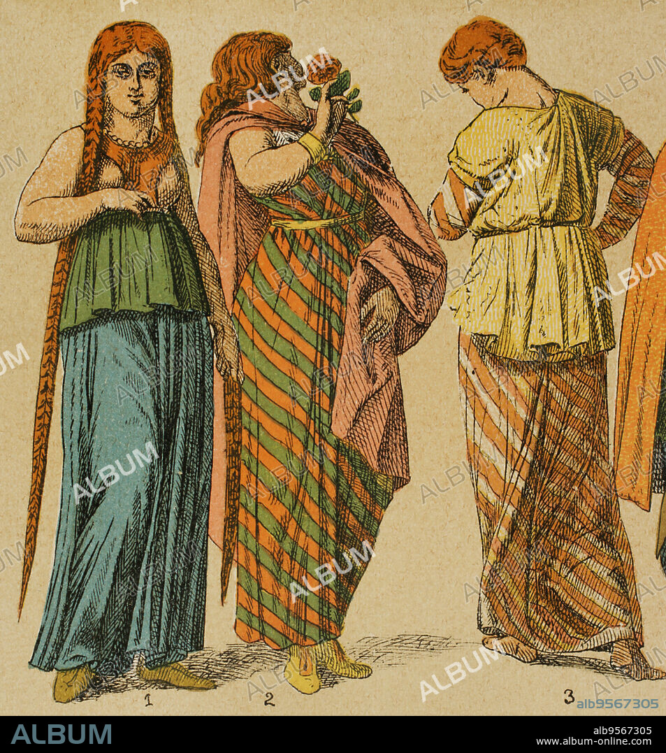 Gauls. Women's Gaulish dress. Chromolithography. "Historia Universal", by César Cantú. Volume II, 1881.