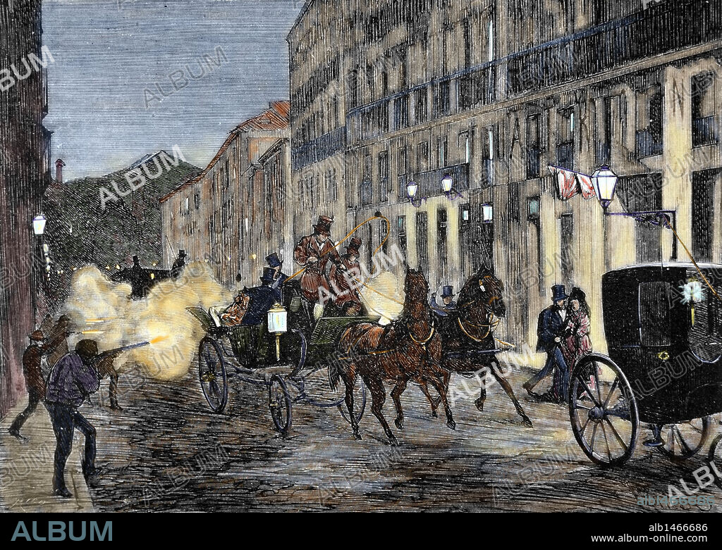 ATENTADO ANARQUISTA. Los asaltantes hacen fuego contra SS. MM. la reina Isabel II y el rey Francisco de Asís, en una calle de Madrid. Grabado del año 1872. España. (Reinado Isabel II). Coloreado.
