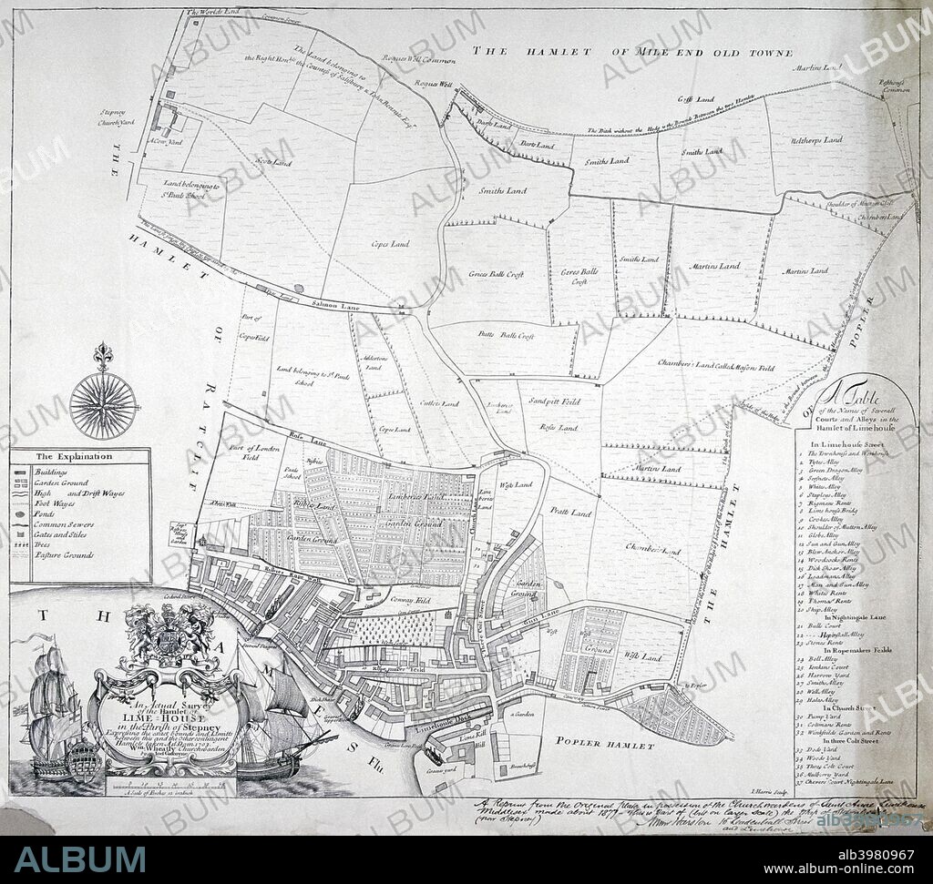Map and table of Limehouse in the Parish of Stepney, London, 1703. With a title in the bottom left corner flanked by two sailing ships. Stepney is now in the London borough of Tower Hamlets.