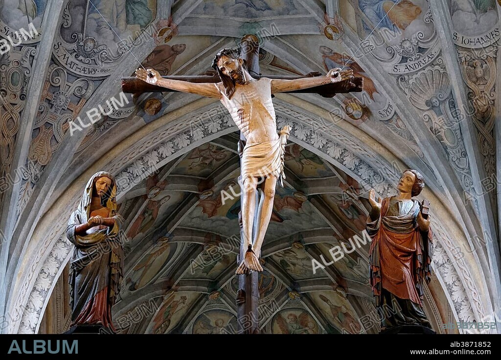 Jesus on the cross inside Romanesque abbey church of St. Lambert, Benedictine monastery Seeon, Seebruck, Chiemgau, Upper Bavaria, Bavaria, Germany