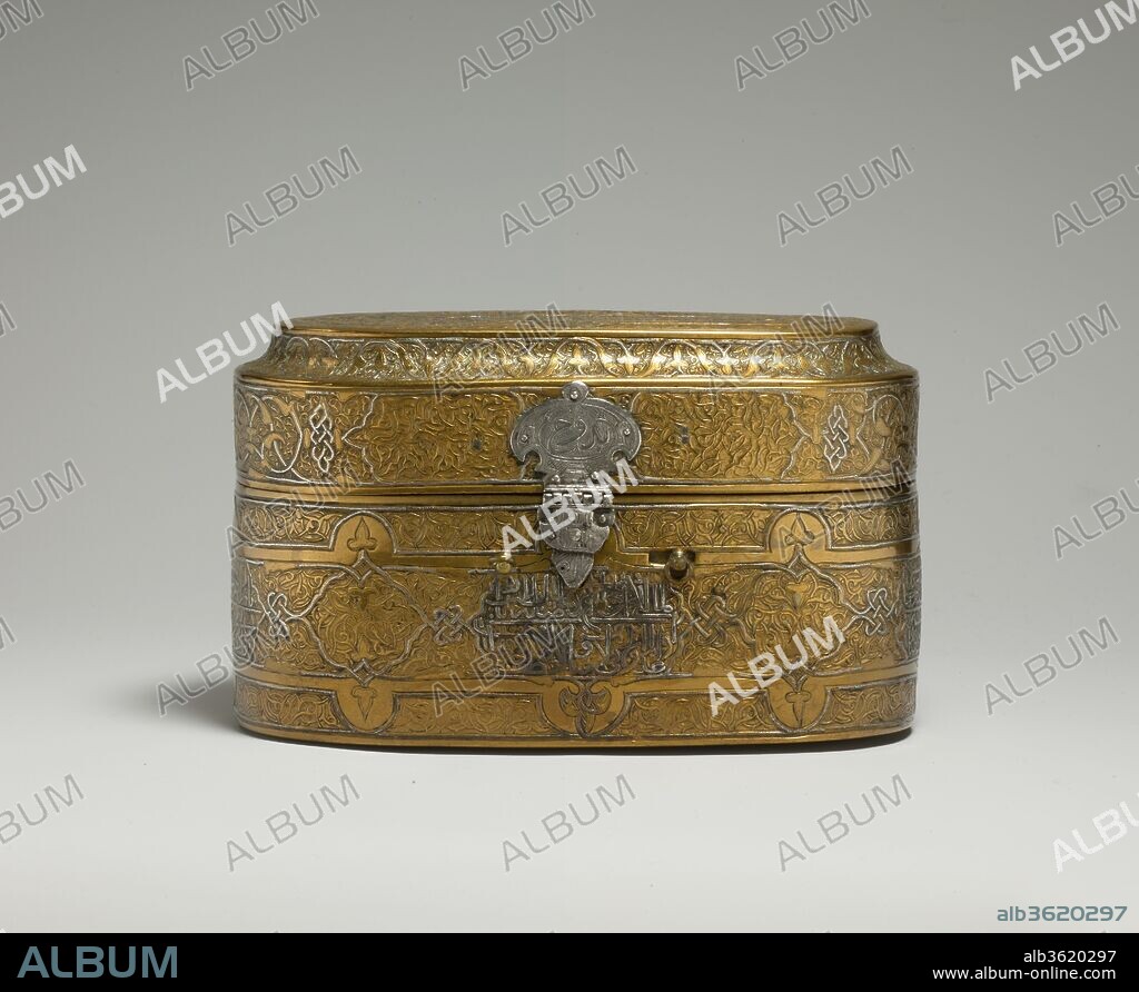 Lidded Box of Muhammad al-Hamawi, Timekeeper at the Umayyad Mosque, Damascus. Dimensions: H. 4 in. (10.2 cm)
W. 6 11/16 in. (17 cm)
D. 3 1/4 in. (8.3 cm). Date: 15th century.
Mamluk metalwork began to decline in quality by the late fourteenth century. Commissioned for the official responsible for supervising the call-to-prayer and announcing the beginning and end of Ramadan, this box probably served as a food container.