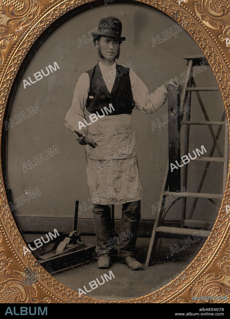 Carpenter with Ladder, Hammer, Level, and Toolbox, 1860s-70s.