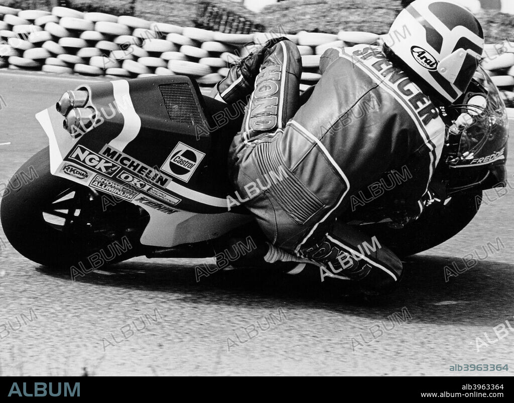 Freddie Spencer on a Honda NS500, Belgian Grand Prix, Spa, Belgium, 1982. Leaning over and practically touching the ground as he takes a corner. His win at this Grand Prix made him the youngest Grand Prix winner in history. The following year he became the youngest World Grand Prix Champion in history.