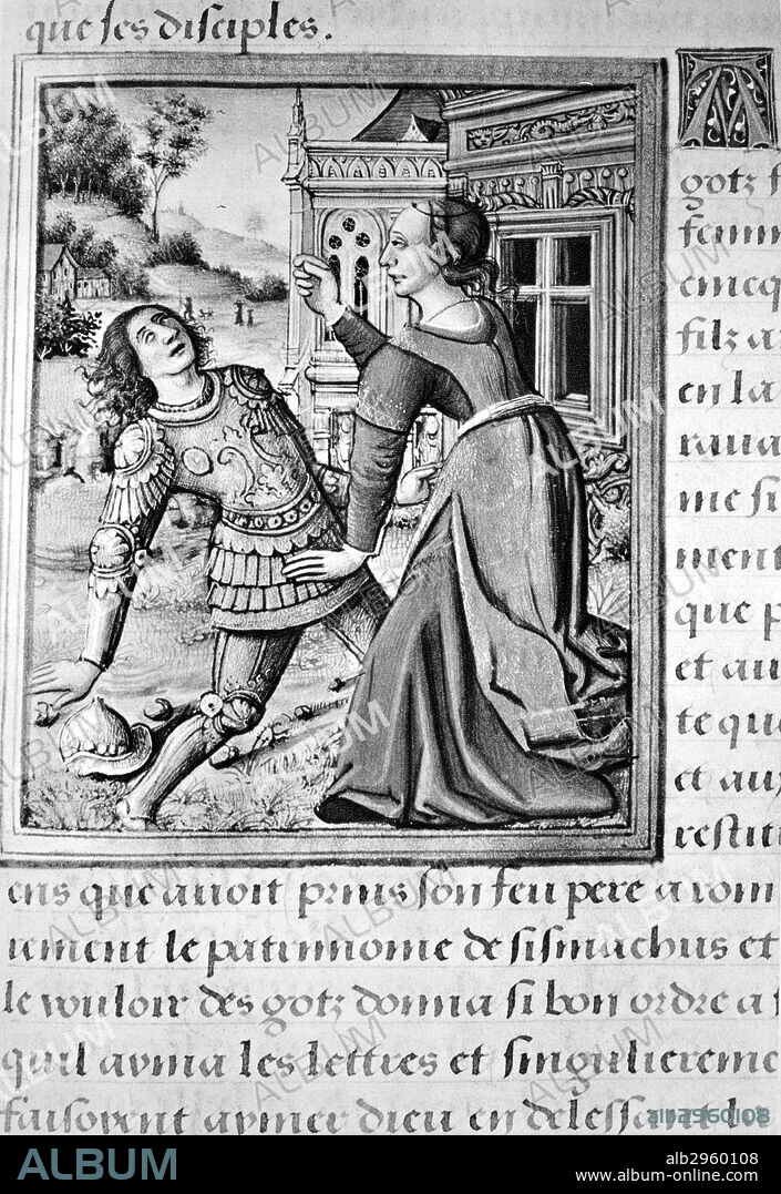 AMALASUNTHA (498-c535 A.D.).Daughter of Theodoric, King of Ostrogoths. Manuscript illumination, French, 1500.