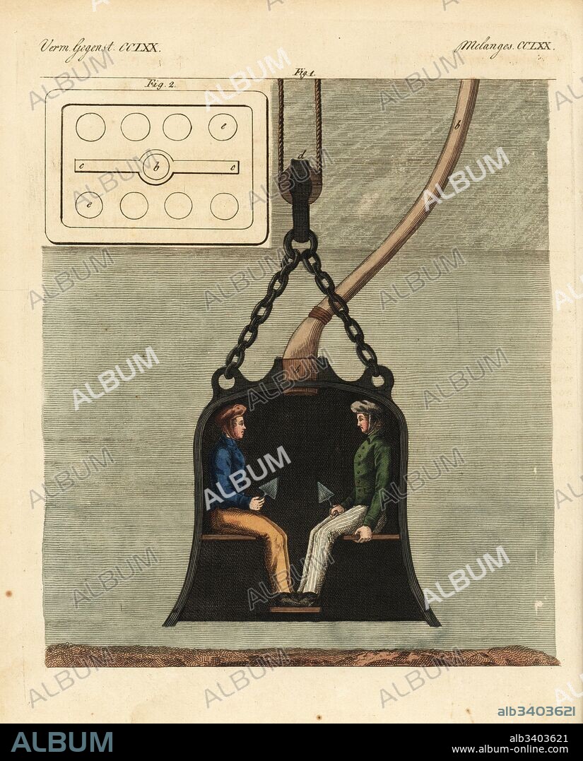 Diving bell with two divers on board, circa 1820. An improved version of Edmond Halley's diving bell, this hermetically sealed diving chamber was supplied by air through a copper pipe from the surface. Handcoloured copperplate engraving from Friedrich Johann Bertuch's Bilderbuch fur Kinder (Picture Book for Children), Weimar, 1823.