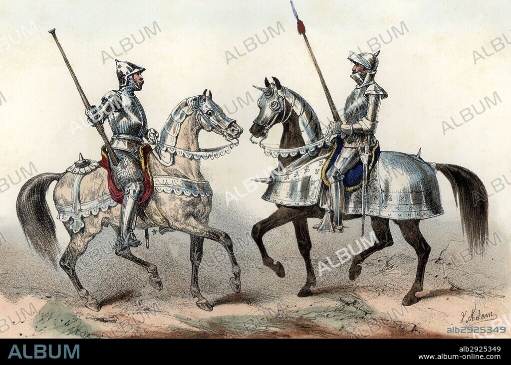 España. Siglo XVI. Soldados de caballería. Escopetero y hombre de armas de los Reyes Católicos. Grabado de 1851.