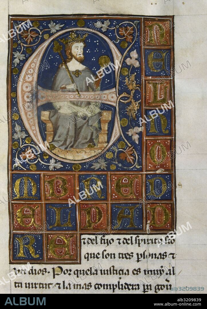 Iluminated initial of Alfonso XI of Castile (1311-1350), The Avenger. King of Castille, Leon and Galicia. Ordenamiento de Alcala_. Manuscript of Nicolas Gonzales, calligrapher of Pedro I. 14th century.