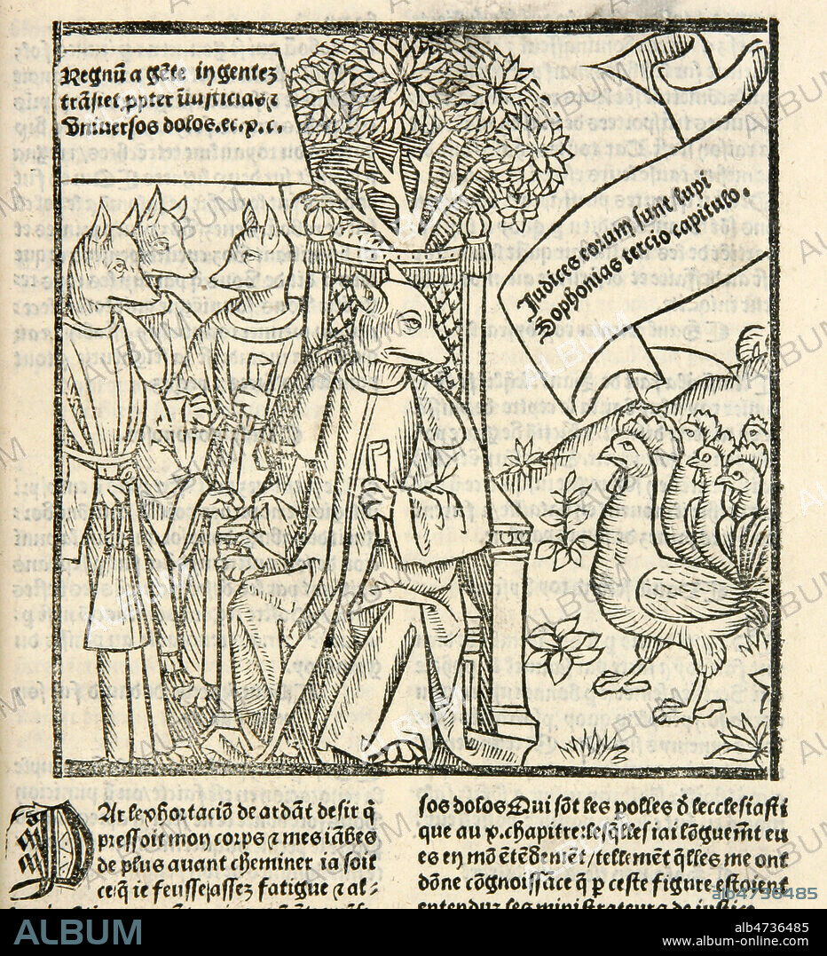Jean BOUCHET (1476-1550) (poete issu d'une famille de juristes de Poitiers, attache a la maison de la Tremoille, auteur d'une abondante oeuvre litteraire, le premier a faire alterner des rimes masculines et feminines dans l'histoire de la poesie) , 1503 ou 1504. Les Regnars (Renards) transversant les perilleuses voyes des folles fiances du monde, poeme, debut 16eme siecle. Le libraire editeur l'a signe de Sebastien Brand alors plus connu a l'epoque que Bouchet, provoquant la colere de ce dernier, et le premier proces d'un auteur contre son editeur . Illustration, gravure sur bois, Un groupe de coqs arrivent devant un tribunal tenu par des renards (personnage recurent des illustrations accompagnant cet ouvrage) . Du LATIN dans les Phylacteres, et en dessous de l'image du vieux francais. Incunable 16e siecle, Credit : MIGNY/ KHARBINE-TAPABOR.