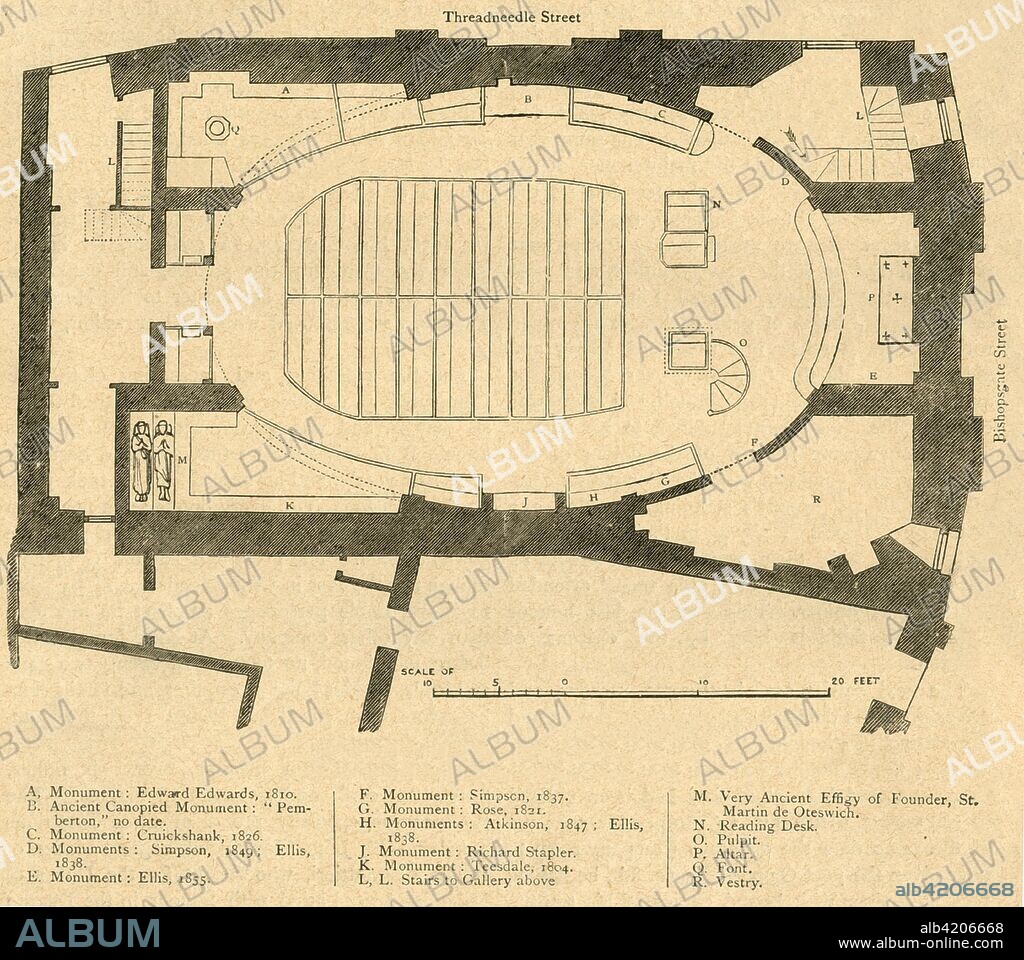 'Ground Plan of the Modern Church of St. Martin Outwich, Demolished 1874', (1897). Plan of the parish church of St Martin Outwich in the City of London, designed by Samuel Pepys Cockerell, and consecrated in November 1798. It was demolished less than a hundred years later. This plan shows its oval design, and lists monuments including: 'Very Ancient Effigy of Founder, St Martin de Oteswich', from whom the church derived its name. From Old and New London, Volume I, by Walter Thornbury. [Cassell and Company, Limited, London, Paris & Melbourne, 1897].