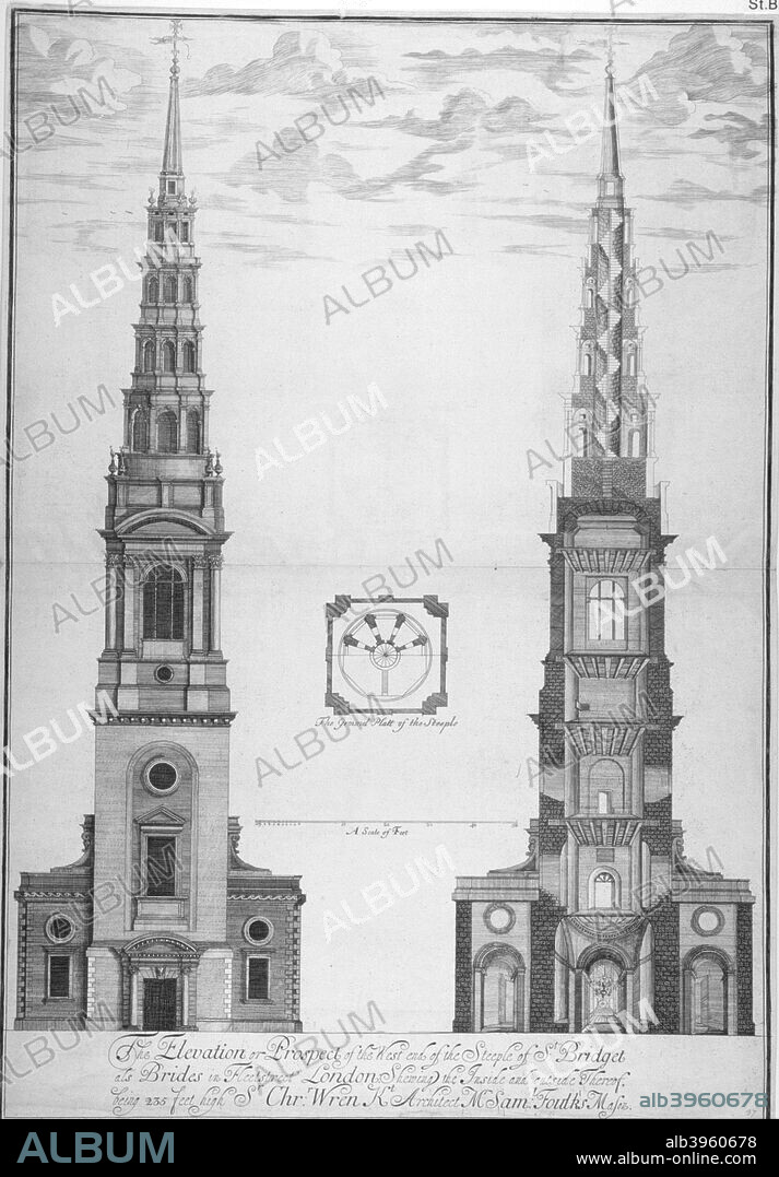 St Bride's Church, Fleet Street, City of London, 1700. Elevation, section and ground plan of the west end of St Bride's steeple. Built in 1672, St Bride's is one of Christopher Wren's churches built to replace those destroyed by the Great Fire of London.