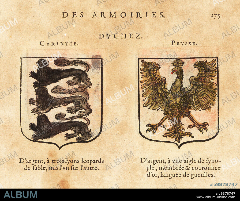Coat of arms of the Duchy of Carinthia, Austria, with three black leopards on silver field, and the Duchy of Prussia, Germany, with green eagle on silver field. Duchez: Carintie, Prusse. Handcoloured woodblock engraving from Hierosme de Baras Le Blason des Armoiries, Chez Rolet Boutonne, Paris, 1628.