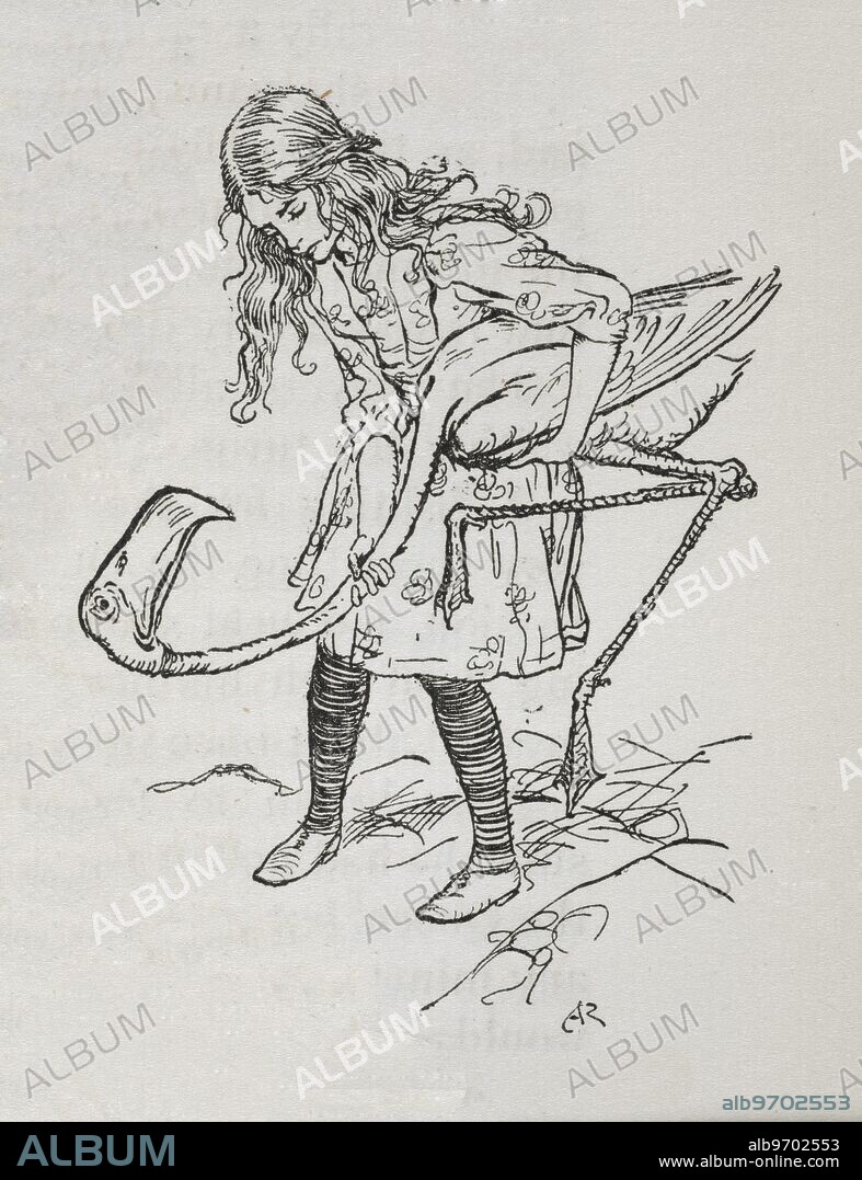 Alice playing croquet with a flamingo.