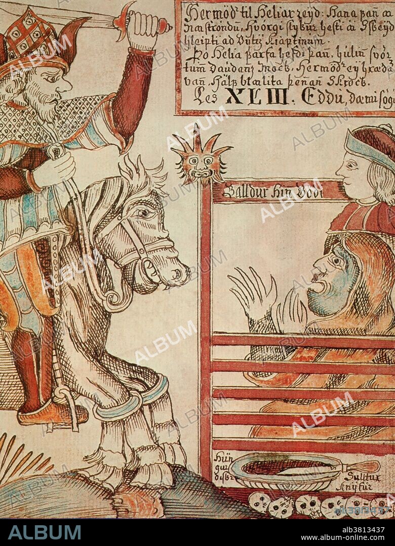 An illustration the Norse god Hermod riding to retrieve the god Baldr from Hel (the underworld), from an 18th century Icelandic manuscript.