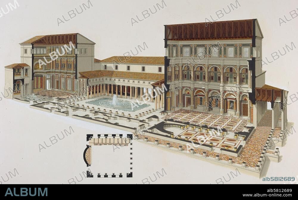 Rom (Italien), Domus Flavia (Palazzo dei Flavi) auf dem Palatin. (erbaut Ende 1. Jh. n. Ch. unter Domitian durch den Architekten Rabirius). Rekonstruktion der Domus Flavia (Längs- u. Querschnitt), mit Aula Regia (links), Peristyl u. Triclinium. Unten: Plan Basilica im Domus Flavia. Aquarell von Peter Connolly (1935-2012).