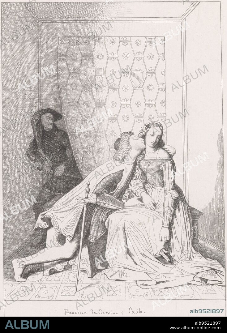 Gianciotto discovers the loving Paolo and Francesca. Paolo and Francesca Francoise de Rimini d'apres Ingres , print maker: Edouard Taurel, Jean Auguste Dominique Ingres, (mentioned on object), Henriette Ursula Claire Taurel, (mentioned on object), Amsterdam, 1885, paper, etching, h 250 mm × w 177 mm.