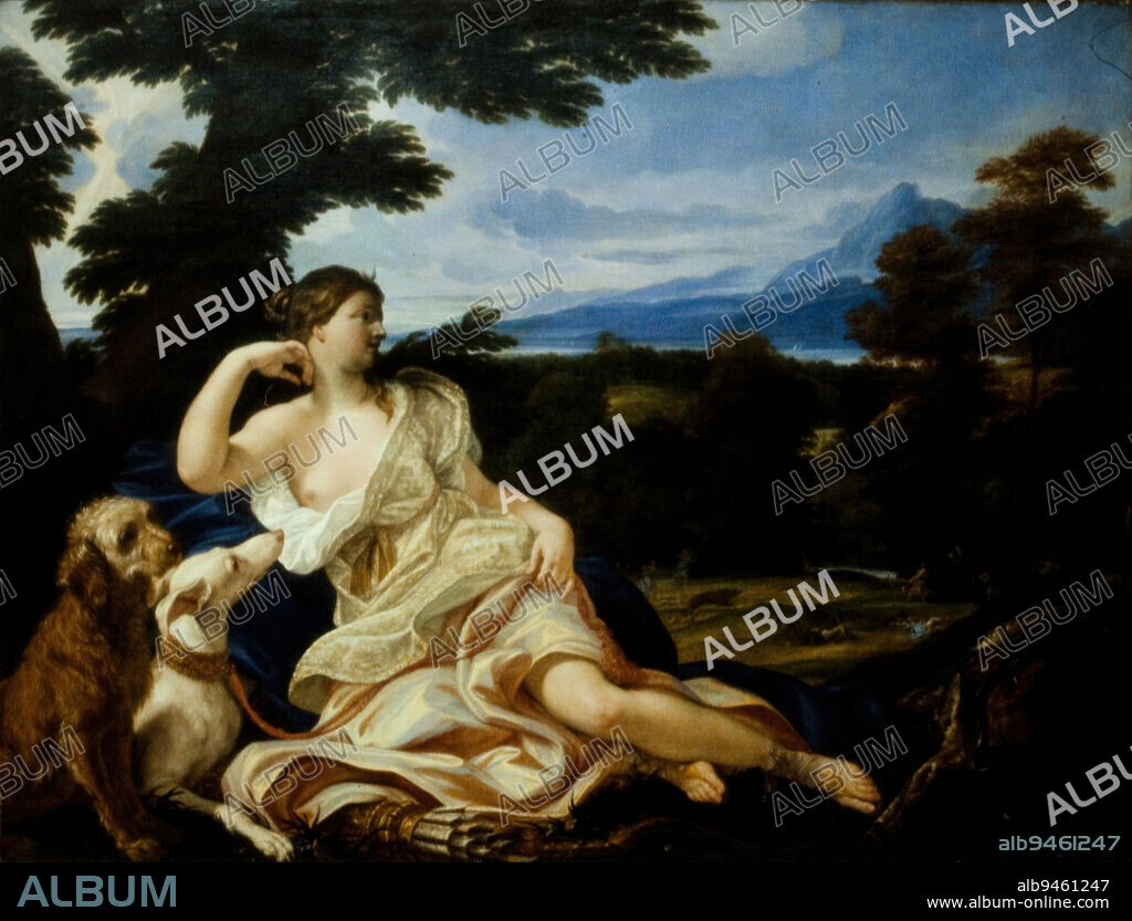 Diana the Huntress, c. 1690, Giovanni Battista Gaulli (Baciccio), Italian, 1639-1709, 62 1/2 x 83 1/4 in. (158.75 x 211.46 cm) (canvas), Oil on canvas, Italy, 17th-18th century, The mythological goddess of the hunt, Diana, reclines in a forest setting with her hunting dogs, Syrius and Phocion, observing a hunt underway in the middle ground below. Diana (or Artemis, in Greek mythology) was revered as an inaccessible maiden, an avid huntress, and the patroness of wild animals, forests, and hills.
