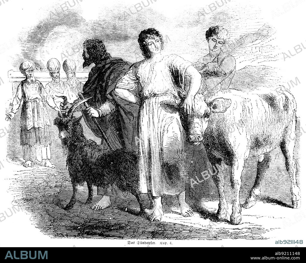 The sin offering, 3rd book of Moses, chapter 4, bible, sin, group, goat, ox, sheep, sacrifice, historical illustration 1850