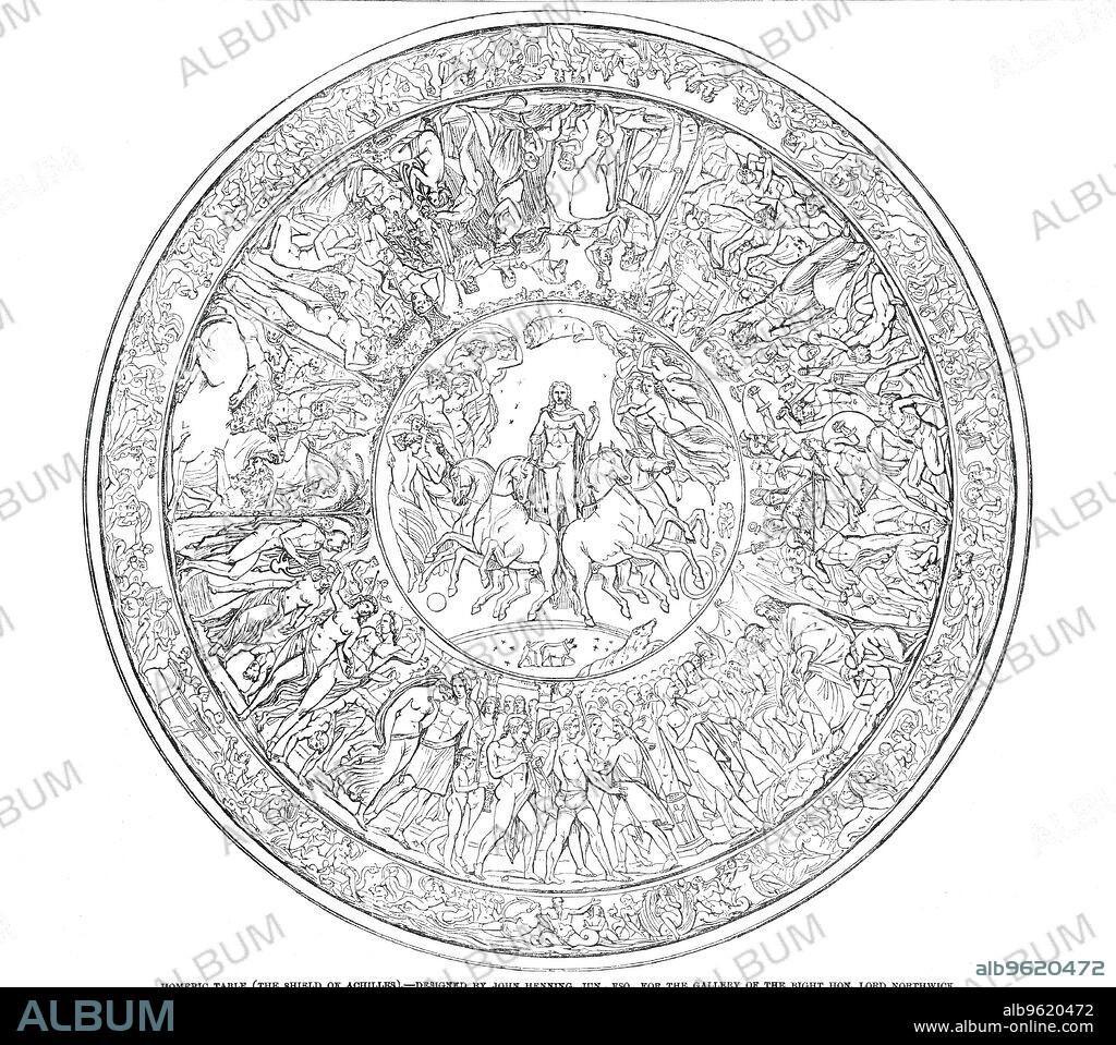 Homeric Table (The Shield of Achilles) - designed by John Henning Junior Esq., for the Gallery of the Right Hon. Lord Northwick, 1850. 'This exquisite work...will shortly be deposited in his Lordship's Gallery, at Thirlestane House, Cheltenham. The design of the sculptor, in the portion of the Table here engraved, is to illustrate Homer's description of the Shield of Achilles (Vide Pope's Translation of the "Iliad"...). This circular top is four feet in diameter, and is supported by a palm-tree springing from a tripod base, on which are grouped figures of Achilles, Briseis, Thetis, and a Triton, attended by genii upon the backs of dolphins...beautifully executed in carton-pierre, of the new white of zinc, portions...being relieved with gold, as is also the encircling framework of the Table'. From "Illustrated London News", 1850.