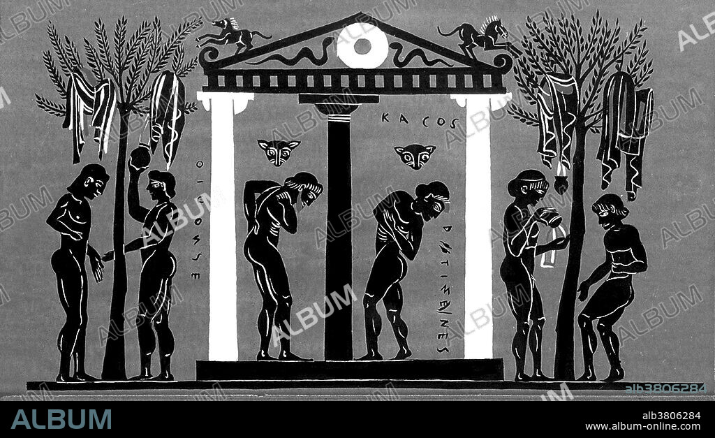 Entitled: "Greek Open-Air Shower Baths for Men" men standing under water which spouts from two stone panthers' heads. On either side are others anointing themselves. In The Book of the Bath, FranÃ§oise de Bonneville wrote, "The history of public baths begins in Greece in the sixth century B.C.," where men and women washed in basins near places of exercise, physical and intellectual. Later gymnasia had indoor basins set overhead, the open maws of marble lions offering showers, and circular pools with tiers of steps for lounging. Bathing was ritualized, becoming an art - of cleansing sands, hot water, hot air in dark vaulted vapor baths, a cooling plunge, a rubdown with aromatic oils. Cities all over Ancient Greece honored sites where "young ephebes stood and splashed water over their bodies.".