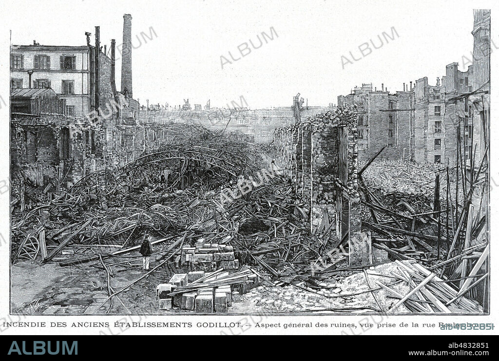 Incendie des anciens etablissements d'Alexis GODILLOT (1816-1893). Aspect general des ruines, vue prise de la rue Rochechouart. Illustration anonyme pour L'Illustration du 6 juillet 1895 pour Les grandes usines de Turgan. Credit : Collection KHARBINE-TAPABOR.
