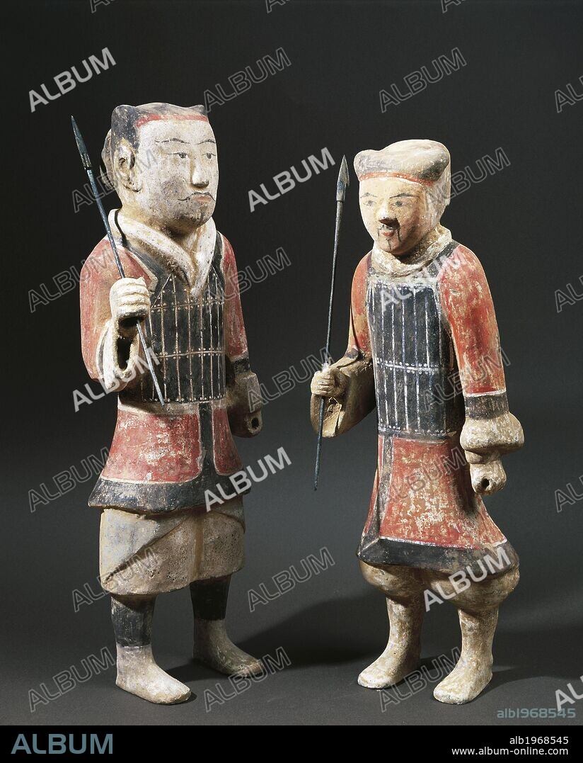 Warriors with spears, polychrome terracotta statues from the Shanxi Region, China. Chinese Civilisation, Western Han Dynasty, 3rd century BC - 1st century AD.