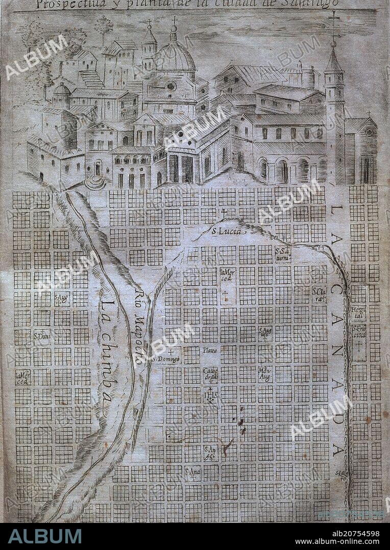 ALONSO DE OVALLE. HISTORICA RELACION DEL REINO DE CHILE - PERSPECTIVA Y PLANTA DE LA CIUDAD DE SANTIAGO DE CHILE - SIGLO XVII.