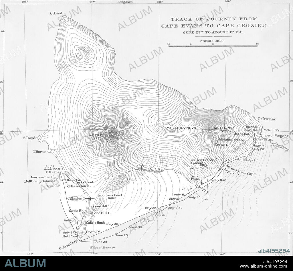 'Track of Journey from Cape Evans to Cape Crozier - June 27th to August 1st 1911', (1913). The final expedition of British Antarctic explorer Captain Robert Falcon Scott (1868-1912) left London on 1 June 1910 bound for the South Pole. The Terra Nova Expedition, officially the British Antarctic Expedition (1910-1913), included a geologist, a zoologist, a surgeon, a photographer, an engineer, a ski expert, a meteorologist and a physicist among others. Scott wished to continue the scientific work that he had begun when leading the Discovery Expedition to the Antarctic in 1901-04. He also wanted to be the first to reach the geographic South Pole. Scott, accompanied by Dr Edward Wilson, Captain Lawrence Oates, Lieutenant Henry Bowers and Petty Officer Edgar Evans, reached the Pole on 17 January 1912, only to find that the Norwegian expedition under Amundsen had beaten them to their objective by a month. Delayed by blizzards, and running out of supplies, Scott and the remainder of his team died at the end of March. Their bodies and diaries were found eight months later. From Scott's Last Expedition, Volume II. [Smith, Elder & Co., London, 1913].