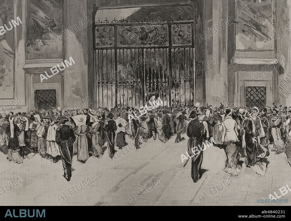 BERNARDO RICO (1825-1894). SPANISH ENGRAVER.. Pius IX (1792-1878). Italian pope (1846-1878). Born Giovanni Maria Mastai Ferretti. Italy, Rome. The novendialis ceremonies after the death of Pope Pius IX in Rome (Italy). The faithful visiting the corpse of the Pope, exposed in the Holy Sacrament Chapel. Engraving by Rico. La Ilustración Española y Americana 1878.