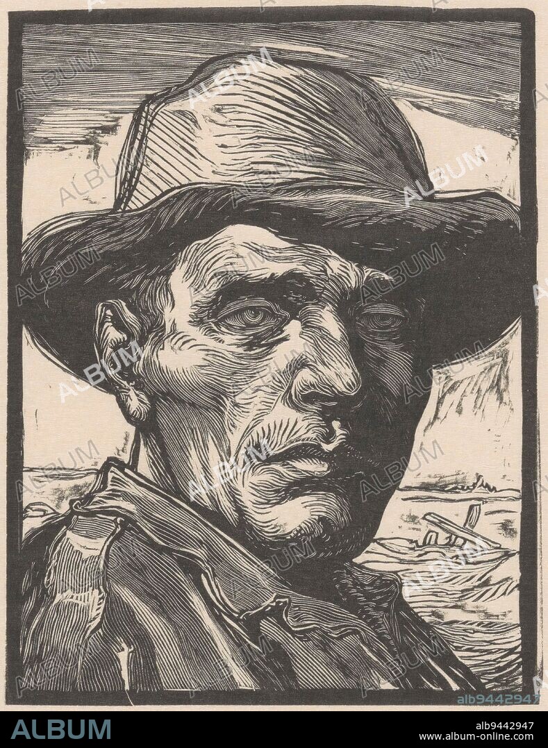 Portrait of an unknown man, Johannes Josephus Aarts, 1881 - 1934, Portrait of a man wearing a hat. In the background a flat, open landscape., print maker: Johannes Josephus Aarts, (signed by artist), 1881 - 1934, paper, h 129 mm - w 98 mm.