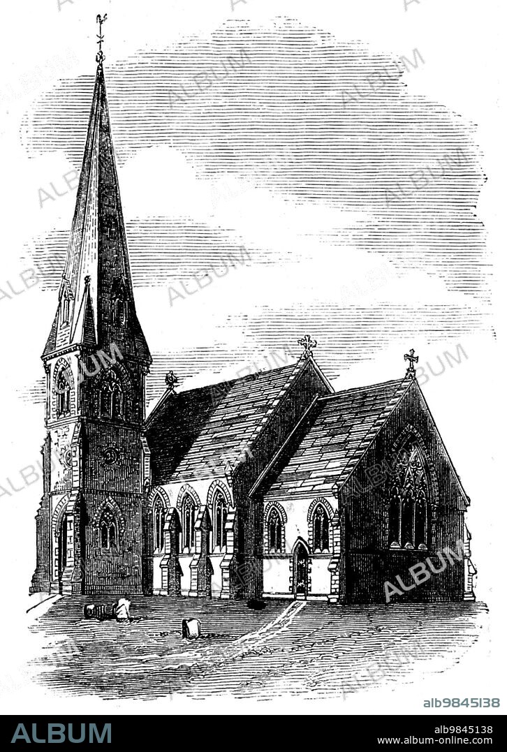 Blackfordby Church, Ashby-de-la-Zouch, 1858. The newly-built St. Margaret's Church at Blackfordby in Leicestershire. 'The church stands upon lofty ground, commanding an extensive prospect of the country from Cannock Chase to Charnwood Forest. The style adopted is Gothic as it prevailed during the fourteenth century...There is accommodation (including 90 children) for 295 persons. The contractor for the execution of the works was Mr. Edwin Cooper, of Ashby-de-la-Zouch... Stone found near the site has been used for the greater part of the work; Ancaster stone being used for the windows and copings...The architect is Mr. I. Henry Stevens, of Derby, and Sackville- street, London'. From "Illustrated London News", 1858.